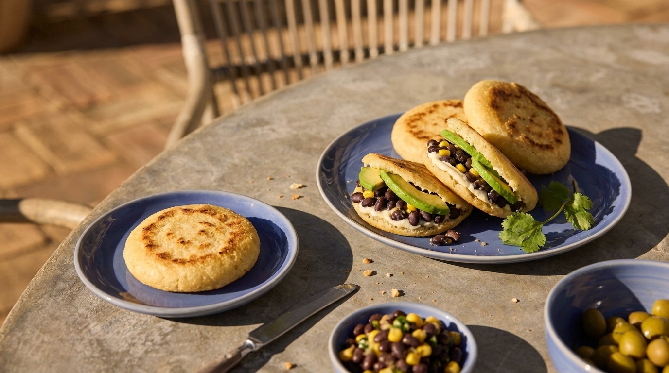 Auf einem Tisch liegen mehrere gefüllte Arepas auf blauen Tellern, darunter schwarze Bohnen und frisches Gemüse. Zusätzlich befindet sich eine einzelne Arepa auf einem kleineren Teller. Der Tisch hat eine rustikale Oberfläche und die Atmosphäre wirkt einladend.