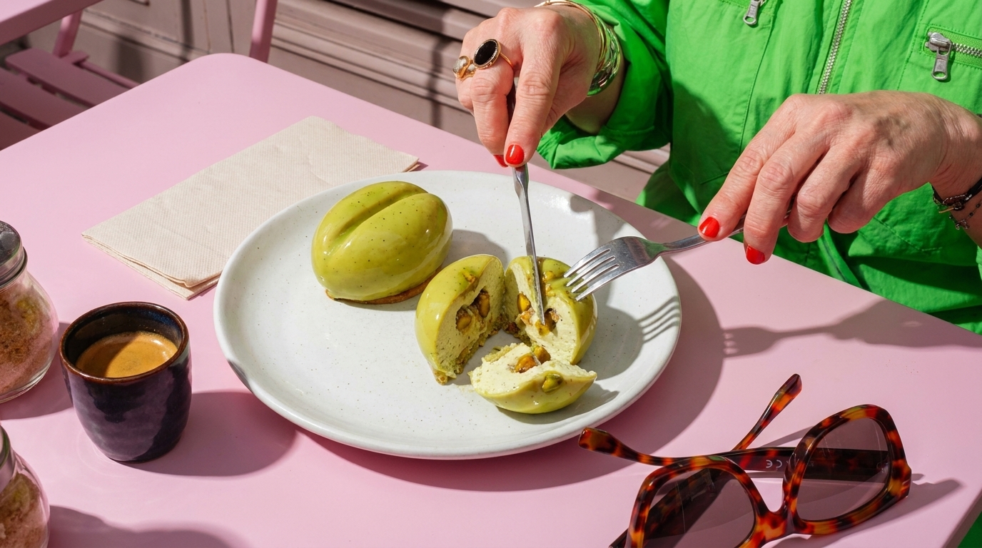 Hände schneiden mit Messer und Gabel ein grünes, gefülltes Gebäck auf einem weißen Teller; daneben Espresso und eine Sonnenbrille auf einem rosa Tisch.