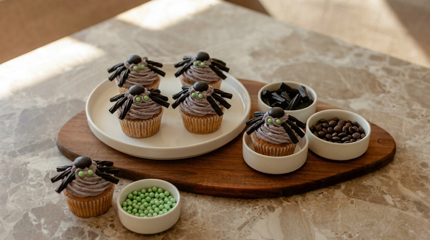 Auf einem Holzbrett stehen mehrere Cupcakes mit schokoladiger Spinnen-Dekoration. Die Spinnen haben schwarze Beine und grüne Augen. Neben den Cupcakes befinden sich Schalen mit Süßigkeiten: grüne Kugeln, schwarze Lakritz und Schokolinsen. Das Arrangement ist lichtdurchflutet.