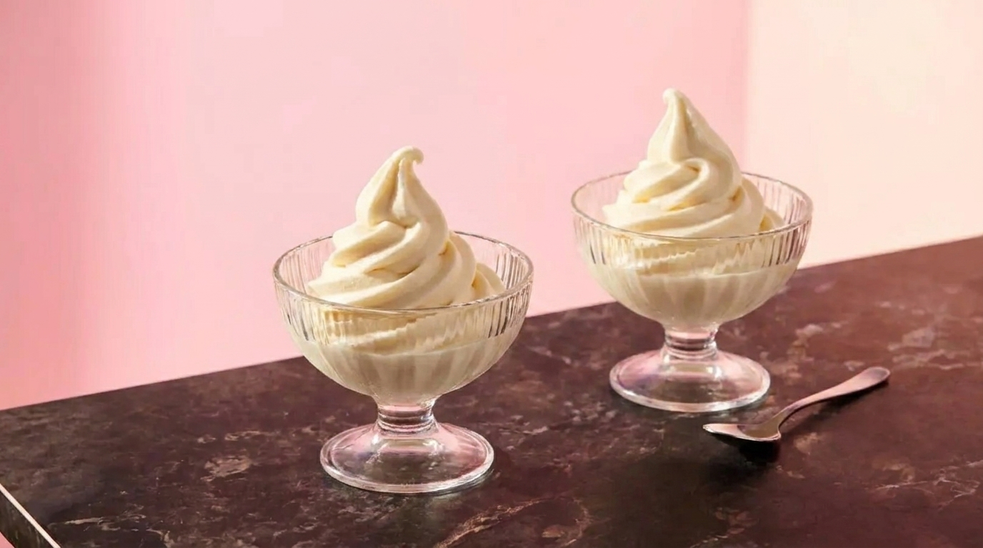 Zwei Glas-Schälchen mit spiralförmig aufgedrehtem Vanille-Softeis auf dunkler Marmoroberfläche, daneben ein Dessertlöffel vor rosa Hintergrund.