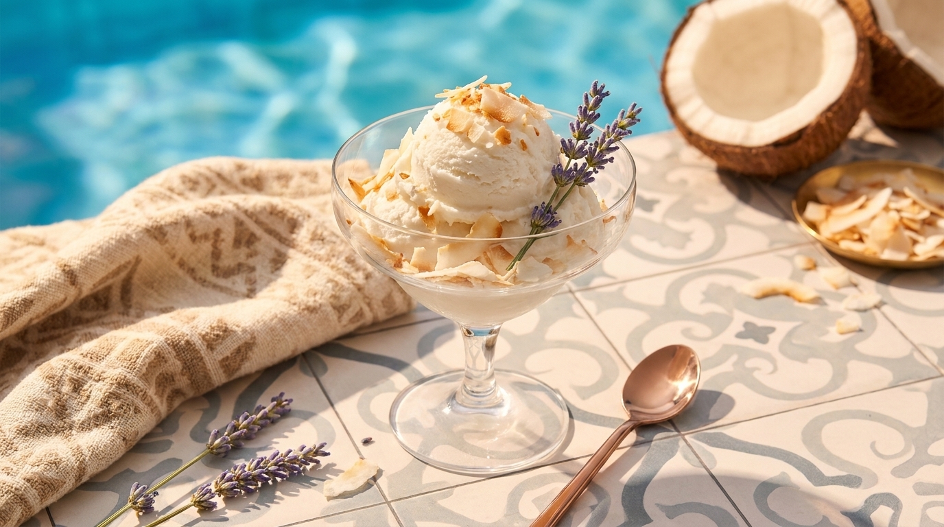 Gläserne Dessertschale mit zwei Kugeln Kokos‑Eis, garniert mit Mandelblättchen und Lavendel; im Hintergrund halbierte Kokosnuss und Löffel.