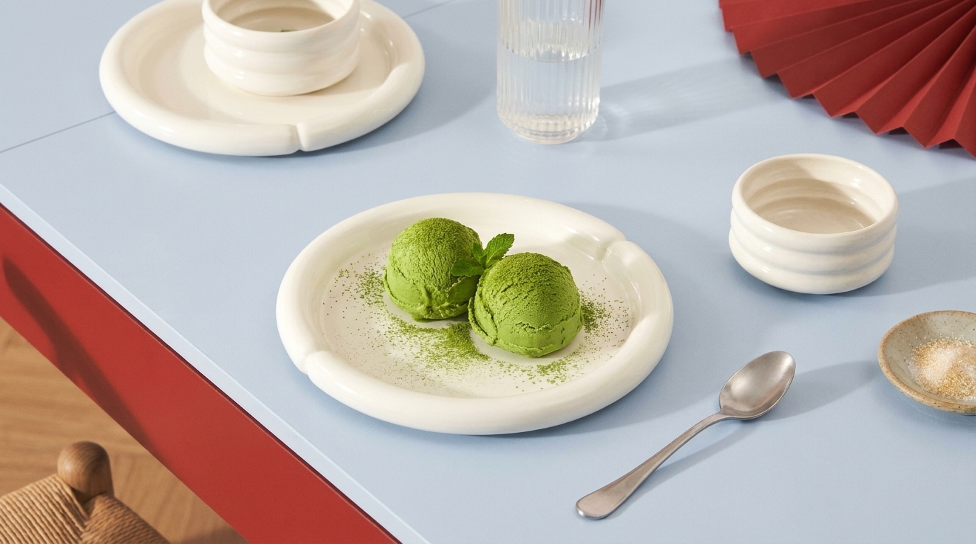 Zwei Kugeln grünes Matcha-Eis auf weißem Teller, mit grünem Pulver bestreut und mit Minzblatt garniert; ein Löffel liegt daneben auf hellem Tisch.