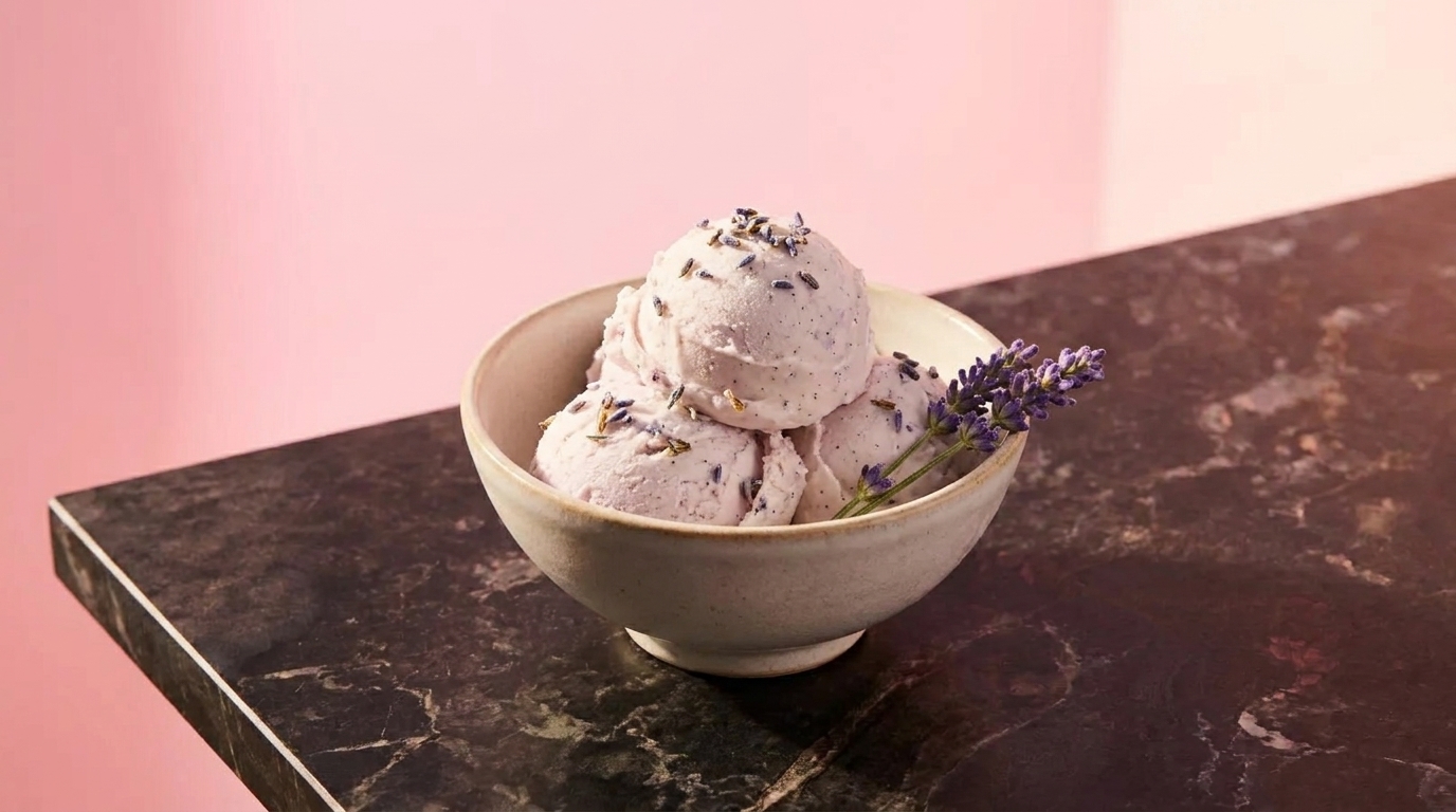 Schale mit drei Kugeln Lavendel-Eis, garniert mit Lavendelzweig und Blüten, auf dunkler Marmorplatte vor rosafarbenem Hintergrund.