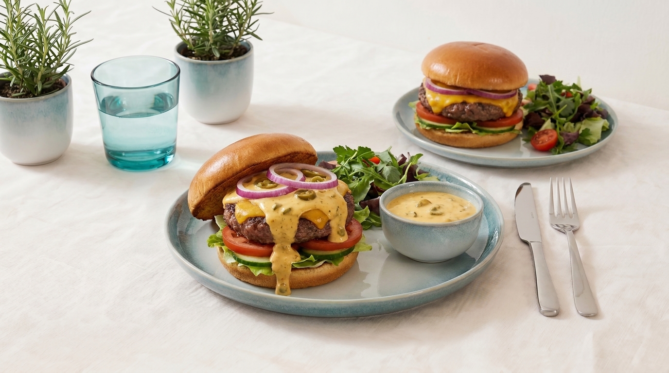 Ein Teller mit einem saftigen Burger, belegt mit geschmolzenem Käse, Tomaten, Salat und roten Zwiebeln. Daneben befindet sich eine kleine Schüssel mit einer cremigen Sauce und ein Glas Wasser. Im Hintergrund sind zwei weitere Burger auf einem zweiten Teller.