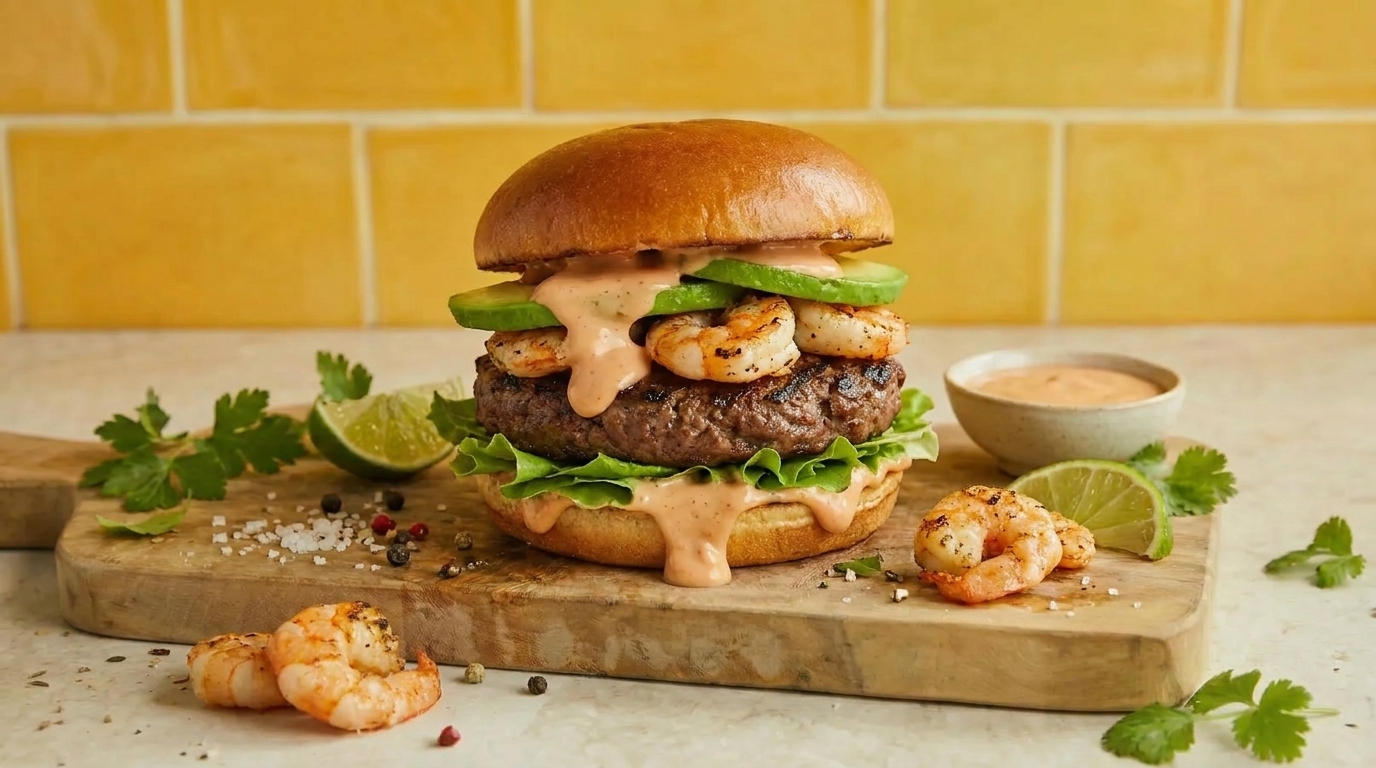 Ein saftiger Burger auf einem Holzbrett, belegt mit einem Rindfleischpatty, Garnelen, Avocado und einer cremigen Sauce. Grünes Blattgemüse und Limettenscheiben sind sichtbar, während einige Gewürze und frischer Koriander um den Burger verteilt sind.