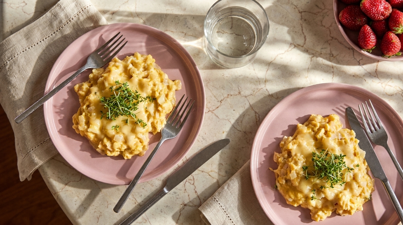 Zwei Teller mit cremigen Kartoffelgerichten, garniert mit frischen Kräutern, stehen auf einem gemusterten Tisch. Daneben ein Glas Wasser und eine Schale mit Erdbeeren. Servierbesteck liegt bereit.