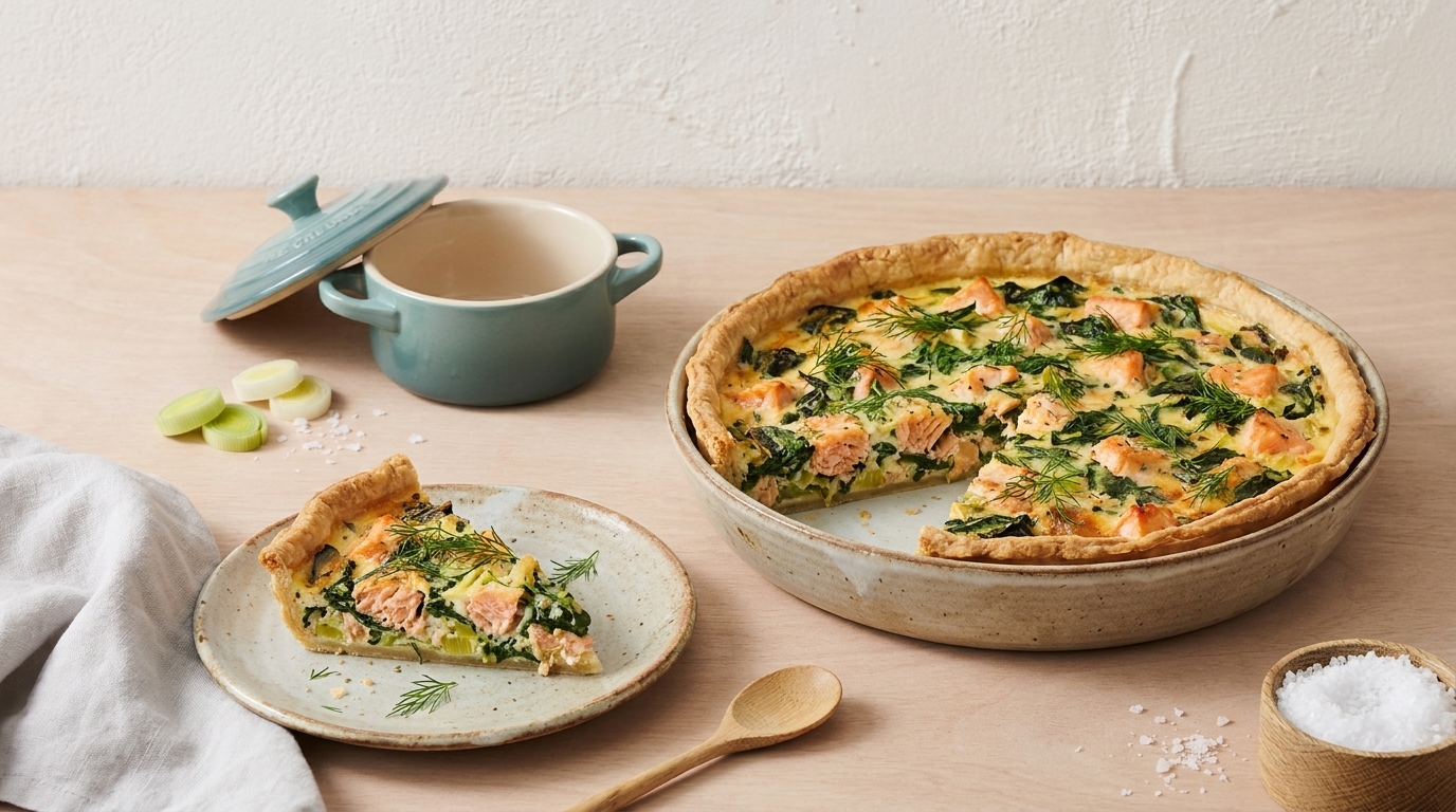 Lachs-Spinat-Quiche mit goldbrauner Kruste in einer Auflaufform, ein Stück auf einem Teller, mit frischem Dill garniert.