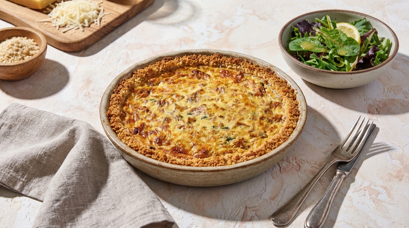Goldbraune Quiche in runder Backform auf hellem Tisch, daneben eine Schüssel mit grünem Salat sowie Gabeln und eine Serviette.