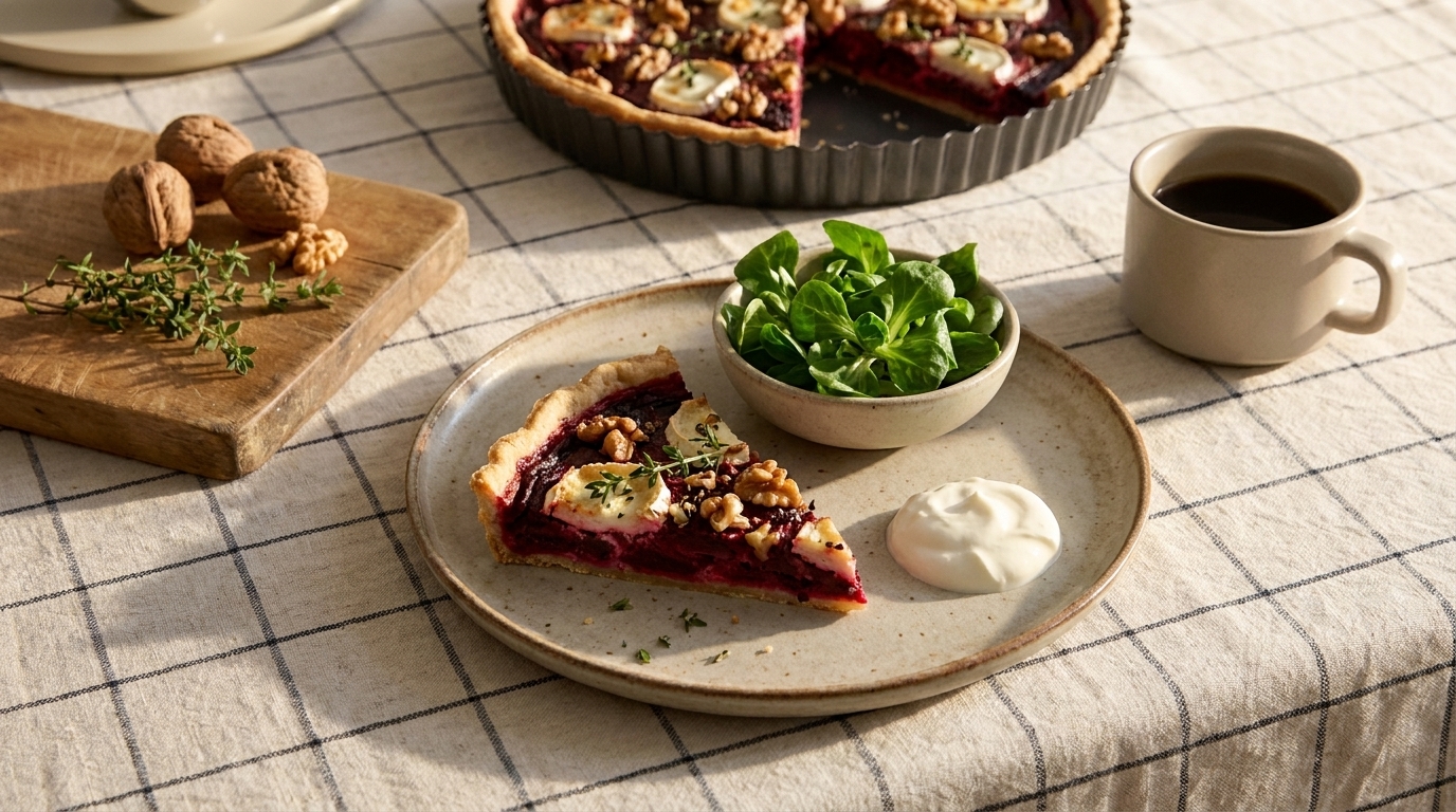 Teller mit einem Stück Rote-Bete-Tarte belegt mit Ziegenkäse und Walnüssen, dazu Feldsalat im Schälchen, ein Klecks Sauce und eine Tasse Kaffee; im Hintergrund die ganze Tarte.