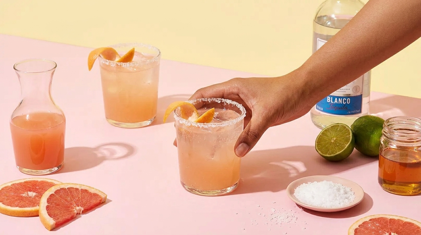 Zwei Gläser mit erfrischenden Cocktails stehen auf einem rosa Tisch. Eine Hand greift nach einem der Gläser, das mit einer Zitrusscheibe garniert ist. Im Hintergrund sind eine Karaffe, Limetten und eine Schüssel mit Salz sichtbar.
