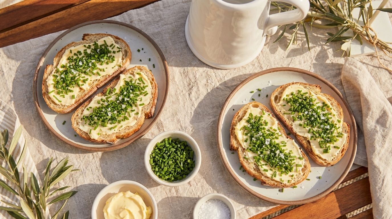 Zwei Teller mit Butterbroten liegen auf einem Tisch. Die Brote sind mit Butter und frischem Schnittlauch belegt. Neben den Tellern stehen Schalen mit zusätzlichem Schnittlauch, Butter und Salz. Der Hintergrund ist schlicht und natürlich, was eine entspannte Atmosphäre vermittelt.