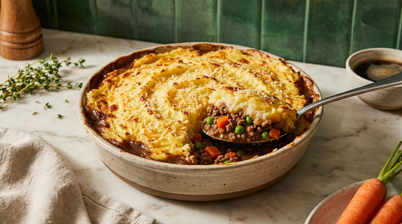Auflaufform mit frisch gebackenem Shepherd’s Pie: goldbraune Kartoffelpüreekruste, darunter würziges Hackfleisch mit Erbsen und Karotten; Löffel schöpft eine Portion.