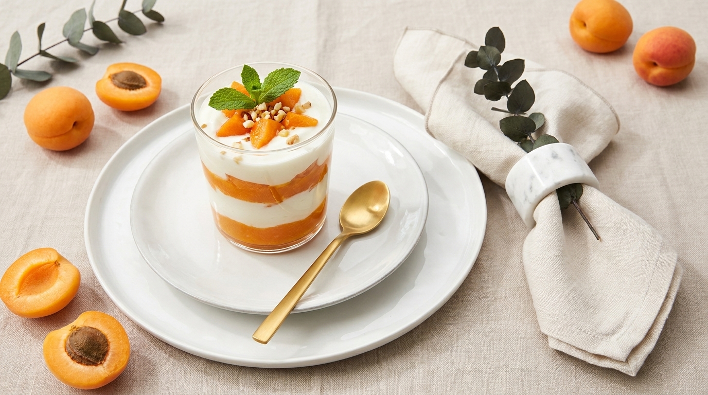 Ein Dessertglas mit Schichten aus Joghurt und Aprikosenkompott, garniert mit Mangostreifen und Minze. Das Glas steht auf einem weißen Teller, daneben liegen Aprikosenhälften und ein gefaltetes Serviette mit einem eleganten Ring. Ein goldener Löffel liegt auf dem Teller.