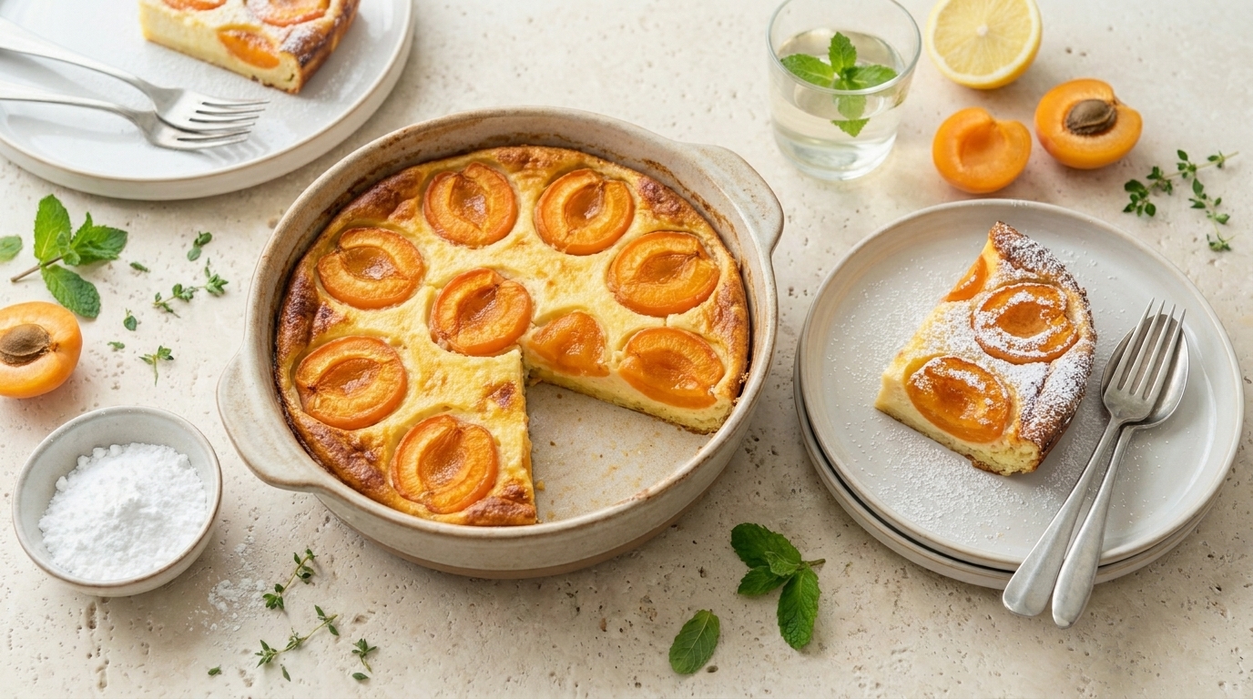 Ein runder Aprikosenkuchen mit einer Stück herausgeschnitten, serviert in einer flachen Schale. Daneben befinden sich zwei Teller mit einem Stück Kuchen, einer Gabel und einer Tasse Wasser. Frische Minze und ein Zitronenstück ergänzen die Anordnung.