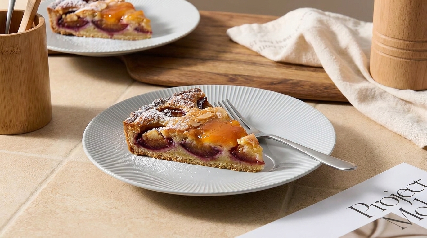 Auf dem Bild sind zwei Teller mit einem Stück Obstkuchen zu sehen, der mit Puderzucker bestreut ist. Der Kuchen enthält Äpfel und Pflaumen. Eine Gabel liegt auf dem Teller, und im Hintergrund ist ein Holzbrett sowie eine Zeitschrift zu erkennen.
