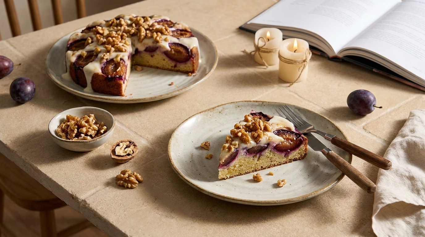 Auf dem Tisch befinden sich zwei Teller mit einem Pflaumenkuchen, der mit Nüssen und einer cremigen Glasur dekoriert ist. Ein Stück Kuchen wurde bereits herausgeschnitten. Neben dem Kuchen liegen Deko-Elemente wie Kerzen und kleine Pflaumen. Ein Kochbuch ist geöffnet in der oberen Ecke.