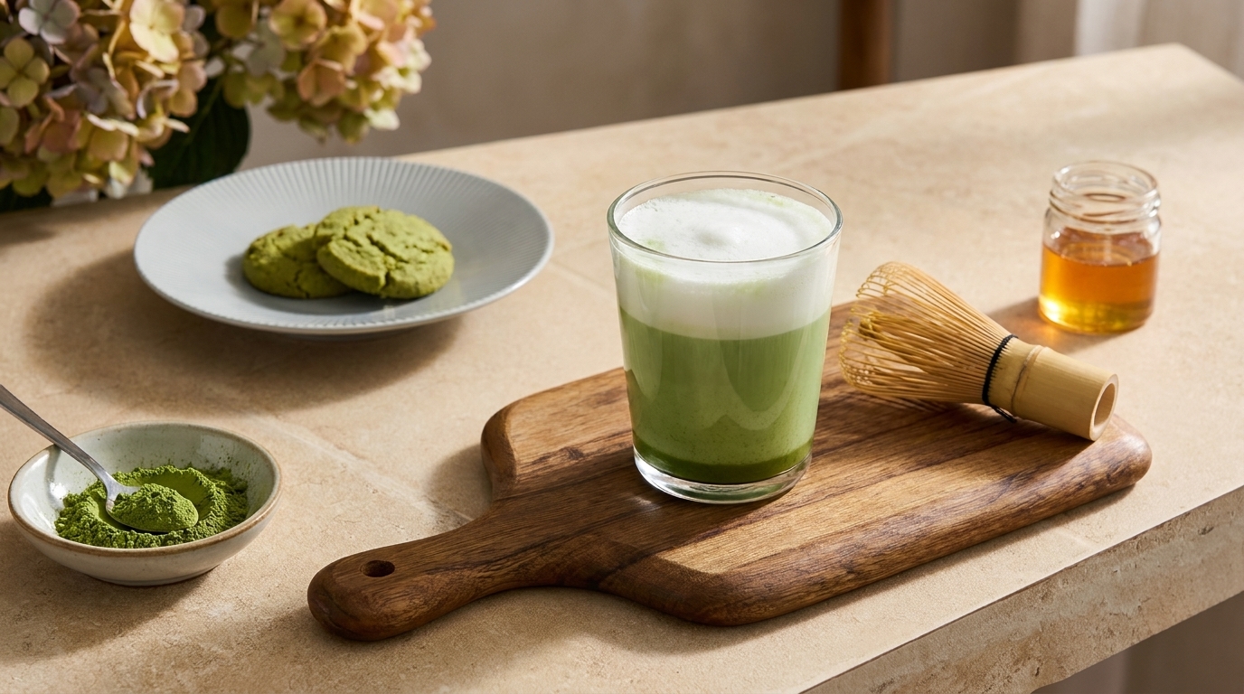Ein Glas Matcha-Tee mit milchiger Schaumkrone steht auf einem Holzbrett. Daneben liegt ein kleiner Besen zur Zubereitung, eine Schale mit Matcha-Pulver und ein Teller mit grünen Keksen. Im Hintergrund ist ein Honigglas sichtbar.