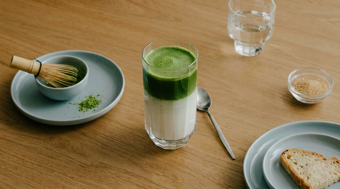 Ein Glas mit einem grünen, schaumigen Getränk steht auf einem Holztisch. Daneben befinden sich eine Schüssel mit Matcha-Pulver, ein kleiner Besen zum Rühren, ein Teelöffel und ein Teller mit einer Scheibe Brot. Im Hintergrund ist ein Glas Wasser sichtbar.
