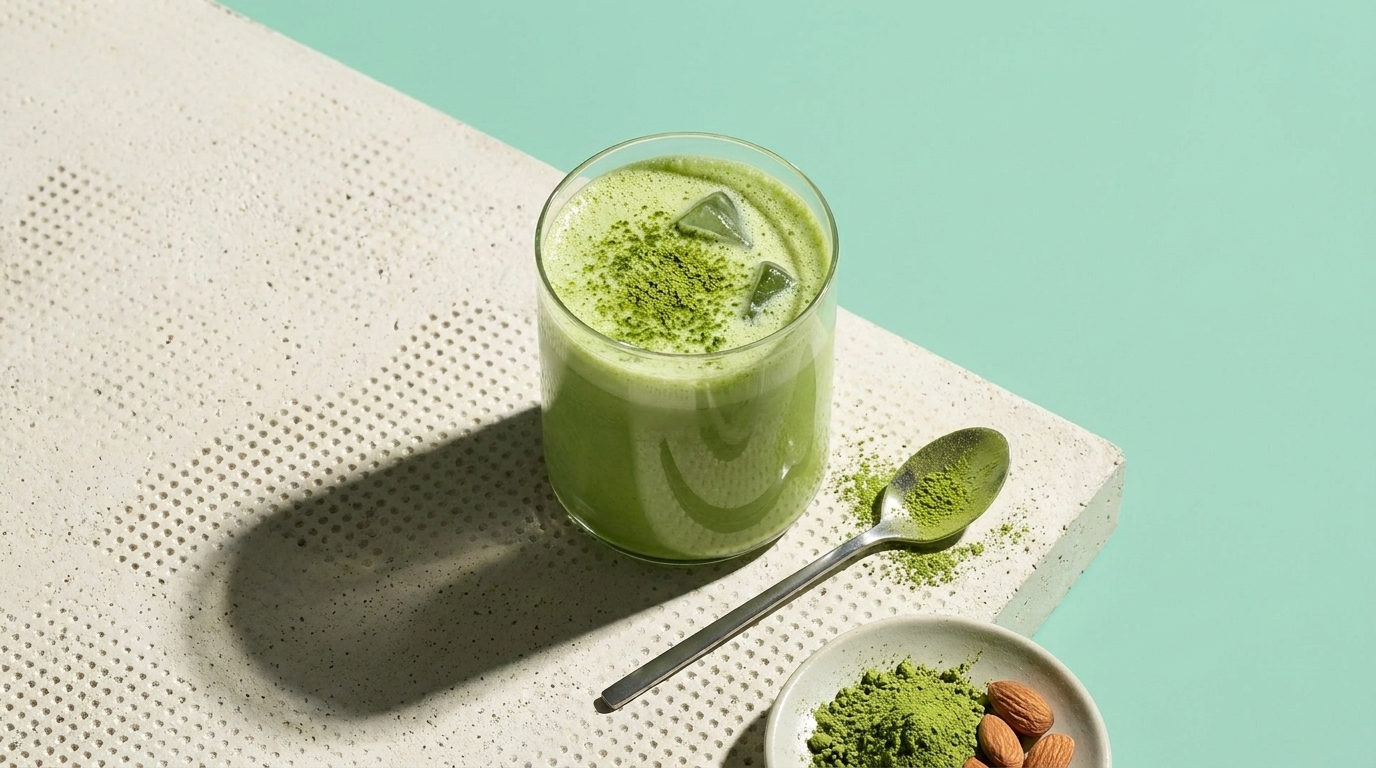 Ein Glas grüner Smoothie mit Eiswürfeln steht auf einem hellen Tisch. Neben dem Glas befindet sich ein kleiner Teller mit Mandeln und grünem Pulver. Der Hintergrund ist in sanften Grüntönen gehalten.
