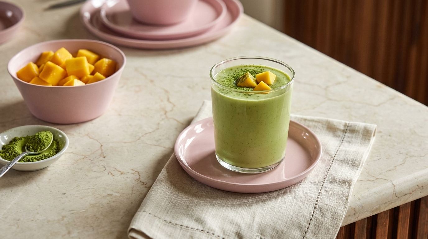 Ein Glas grüner Smoothie mit Mango-Stücken auf einem pinken Teller, daneben eine Schale mit gewürfelter Mango und ein Löffel Matcha-Pulver. Der Smoothie steht auf einem weißen Tisch mit einer hellen Serviette.