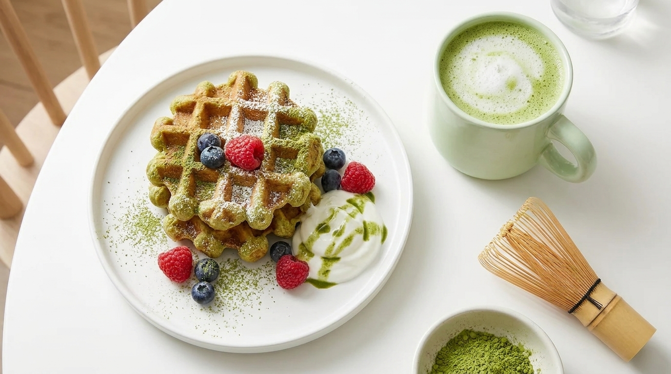 Ein Teller mit einer grünen Waffel, garniert mit frischen Himbeeren, Heidelbeeren und einem Klecks Joghurt. Daneben steht eine Tasse mit grünem Tee und ein kleiner Schalen mit Matcha-Pulver. Ein Schaum-Muster ziert die Oberfläche des Tees.