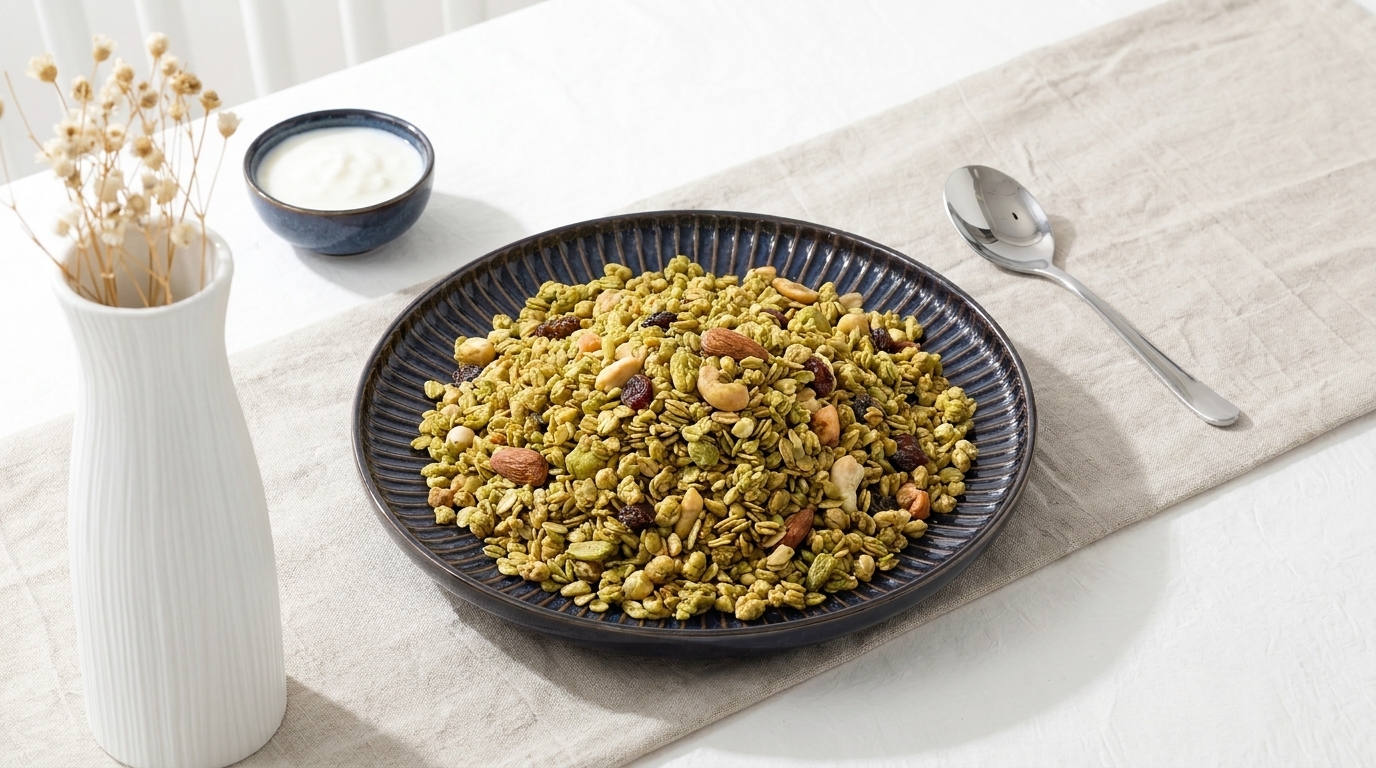 Eine große Schüssel mit Müslimischung aus Haferflocken, Nüssen und Trockenfrüchten. Daneben steht eine kleine Schale mit Joghurt und ein Löffel auf einem Tisch mit Tischdecke. Ein Vasenarrangement mit Trockenblumen ergänzt das Bild.