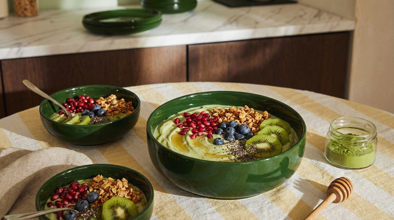Eine grüne Schüssel mit Joghurt oder Smoothie, garniert mit Kiwi, Heidelbeeren, Granatapfelkernen und Chiasamen steht auf einem Tisch. Neben ihr befinden sich zwei kleinere Schalen mit ähnlichen Zutaten und eine Honigdrüse. Der Tisch ist mit einer gestreiften Tischdecke bedeckt.