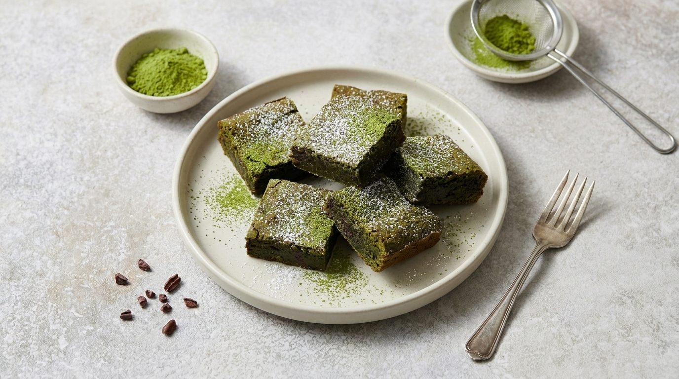 Auf dem Teller liegen mehrere quadratische Stücke von Matcha-Brownies, bestäubt mit Puderzucker. Daneben befinden sich kleine Schälchen mit grünem Matcha-Pulver und ein Sieb. Ein Besteckstück liegt bereit. Der Hintergrund ist neutral und hell.