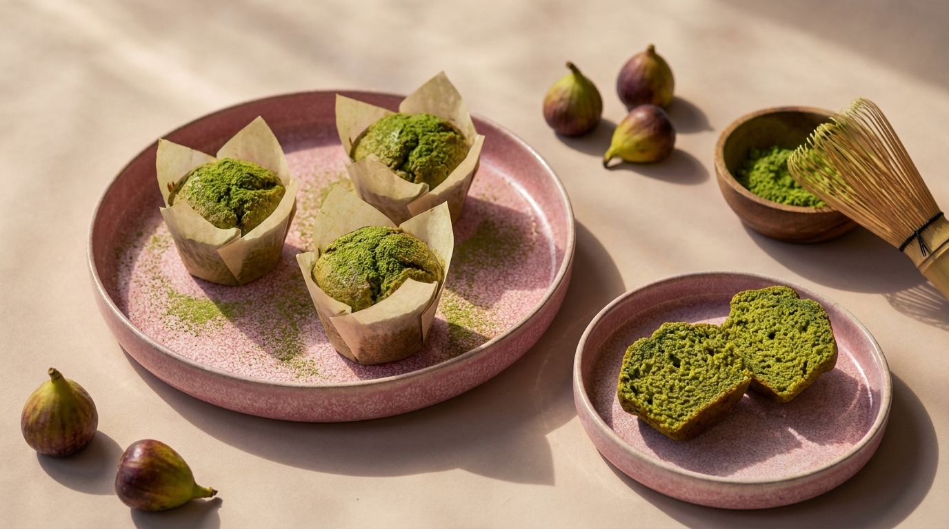 Auf dem Bild sind mehrere grüne Muffins in Papierförmchen auf einem rosa Teller angeordnet. Daneben liegt ein kleinerer Teller mit einem geschnittenen Muffin und einige frische Feigen. Ein Teebesen aus Holz ist ebenfalls sichtbar, was auf die Zubereitung von Matchatee hinweist.