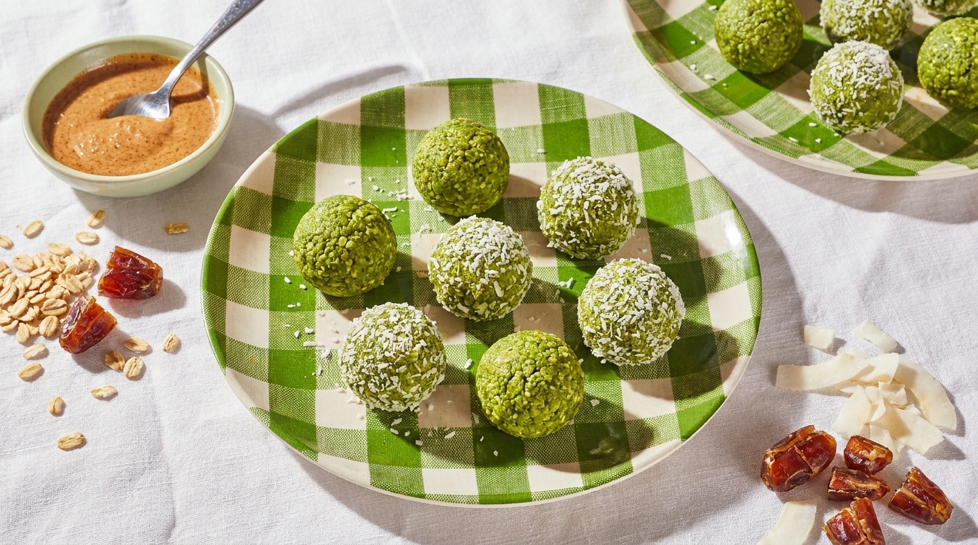 Auf einem grünen karierten Teller liegen mehrere grüne Energiebällchen, die mit Kokosraspeln bestreut sind. Daneben steht eine Schüssel mit einer Erdnussbuttercreme. Um den Teller herum befinden sich Haferflocken, Datteln und Kokosraspeln.