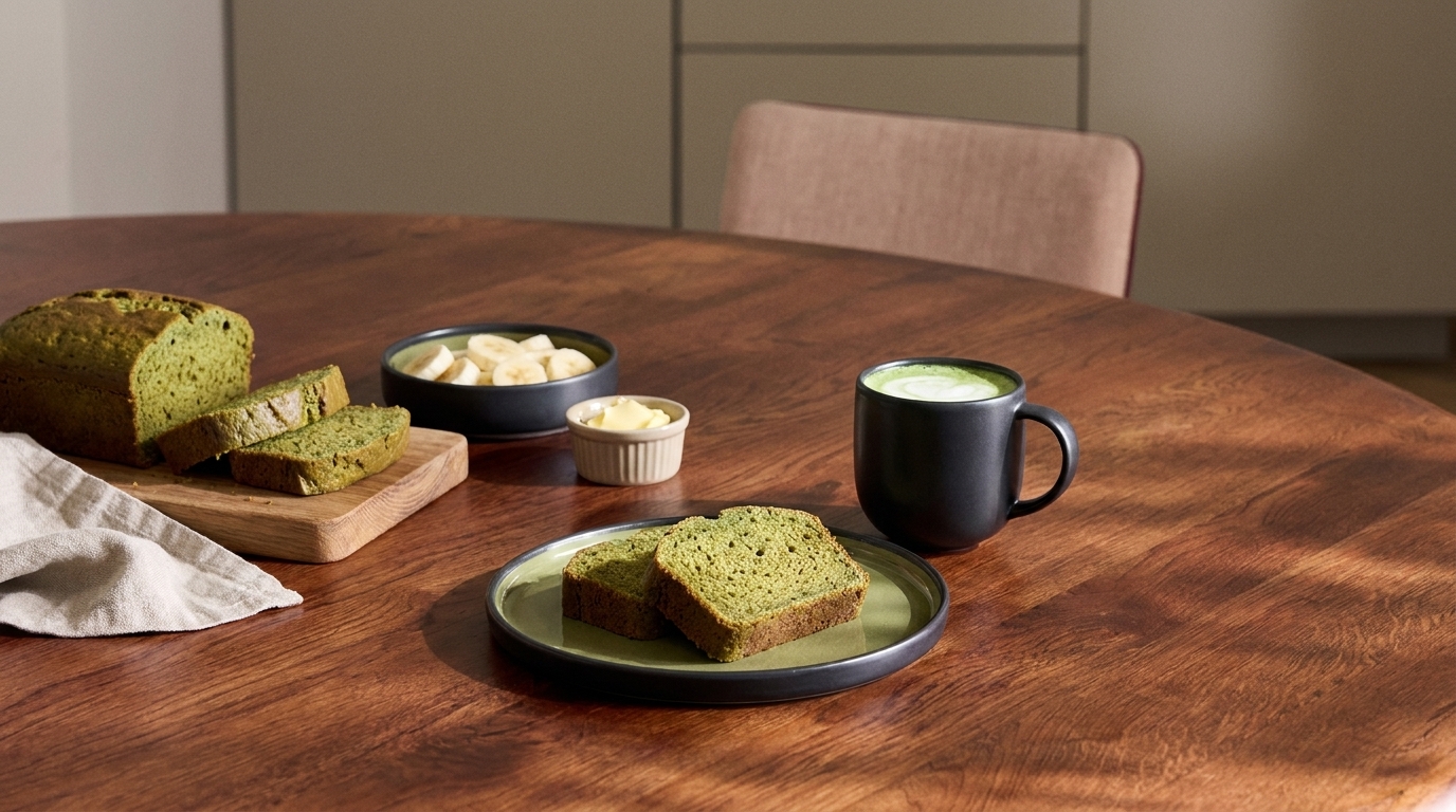 Auf einem Holztisch liegen zwei Stücke grünes Brot auf einem Teller. Daneben steht eine Tasse mit grünem Getränk und kleine Schalen mit Bananenstücken. Im Hintergrund ist ein Laib des grünen Brotes auf einem Holzbrett sichtbar.