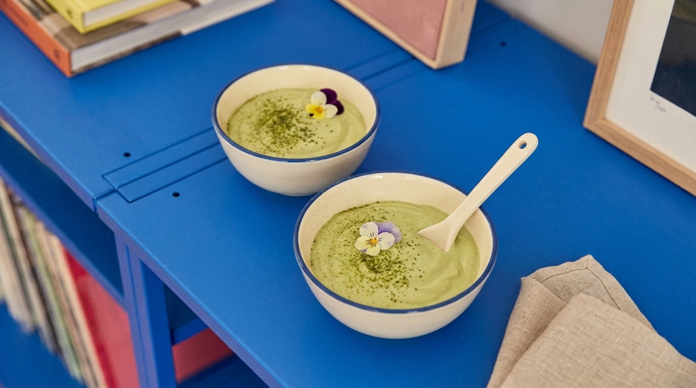 Zwei Schalen mit grünem cremigen Dessert stehen auf einem blauen Tisch. Jede Schale ist mit essbaren Blumen dekoriert. Eine Löffel liegt in einer der Schalen. Der Hintergrund enthält Bücher und Bilderrahmen, die die Szene ergänzen.