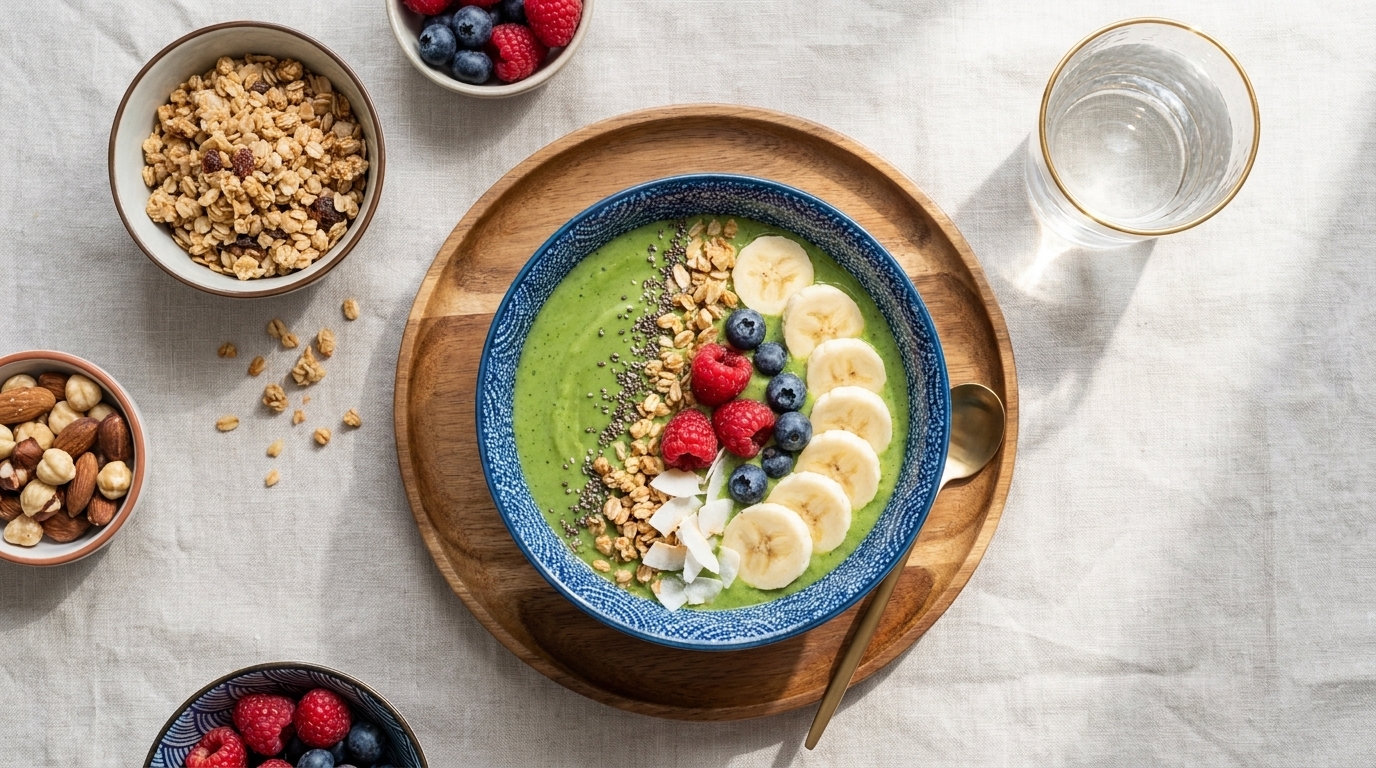 Eine Schüssel mit grünem Smoothie ist auf einem Holzbrett platziert. Der Smoothie ist mit Bananenscheiben, Heidelbeeren und Himbeeren dekoriert, sowie mit Müsli und Kokosraspeln. Daneben stehen Schalen mit Granola und Nüssen sowie ein Glas Wasser.
