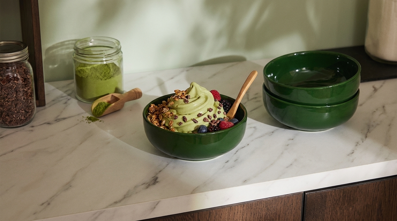Grün gedrehene Matcha-Softserve in grünem Schälchen, garniert mit Granola, Schokostückchen und frischen Beeren; ein Holzlöffel steckt im Eis.