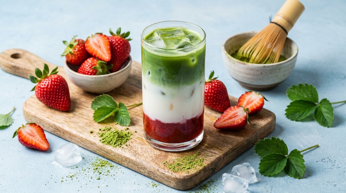 Ein Glas mit einem schichtweise aufgebauten Getränk aus grüner Teeschicht, Joghurt und Erdbeermus steht auf einem Holzbrett. Um das Glas herum liegen frische Erdbeeren und einige Blätter. Im Hintergrund befindet sich ein kleiner Schüssel mit einem Besen.