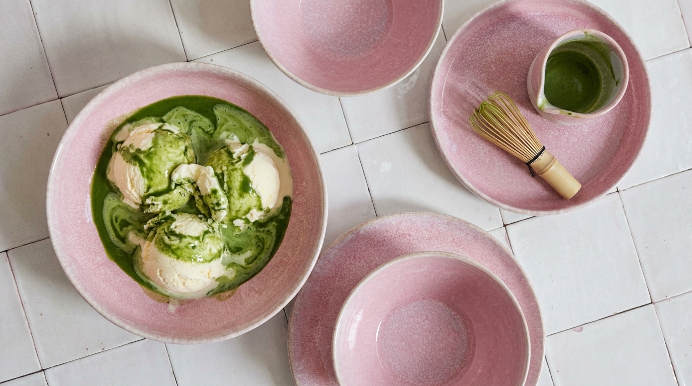 Eine große, ovale Schüssel mit grünem Eis und einer weißen Eiskugel in der Mitte. Daneben liegen zwei kleinere rosa Schalen und ein Tassen, die für das Servieren von Matcha-Tee gedacht sind, sowie ein kleiner Bambusbesen. Der Untergrund besteht aus weißen Fliesen.