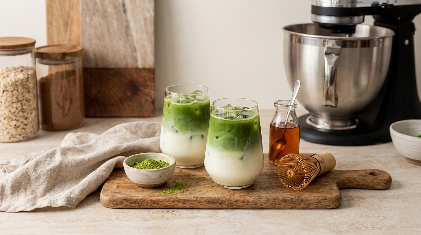 Zwei Gläser mit Matcha-Latte auf einem Holzbrett, umgeben von einer kleinen Schale mit Matcha-Pulver und einem Holzbesen. Im Hintergrund eine Küchenmaschine und Vorratsbehälter. Die Szene vermittelt eine entspannte, kulinarische Atmosphäre.
