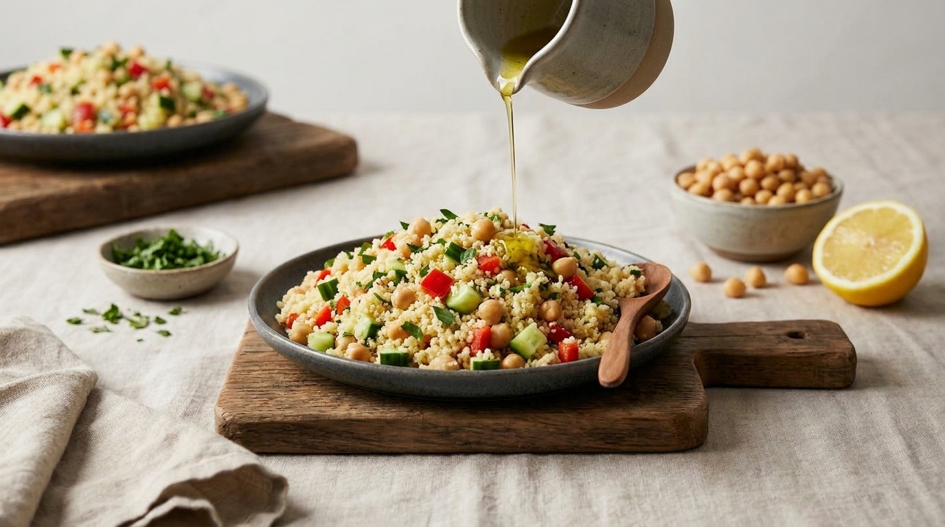 Eine Schüssel mit buntem Couscous-Salat, garniert mit frischem Gemüse und Kichererbsen, wird mit Öl beträufelt. Daneben befinden sich eine weitere Schüssel mit Couscous, eine kleine Schale mit gehacktem Gemüse, eine Zitrone und eine Schüssel mit Kichererbsen.