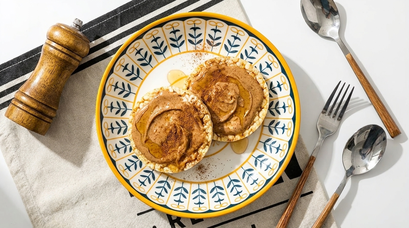 Auf dem Teller sind zwei Reiswaffeln mit Erdnussbutter und Zimt dekoriert. Der Teller hat ein florales Muster und liegt auf einem tischdeckenähnlichen Untergrund. Daneben sind ein Salzstreuer sowie Besteck mit Holzgriffen zu sehen.