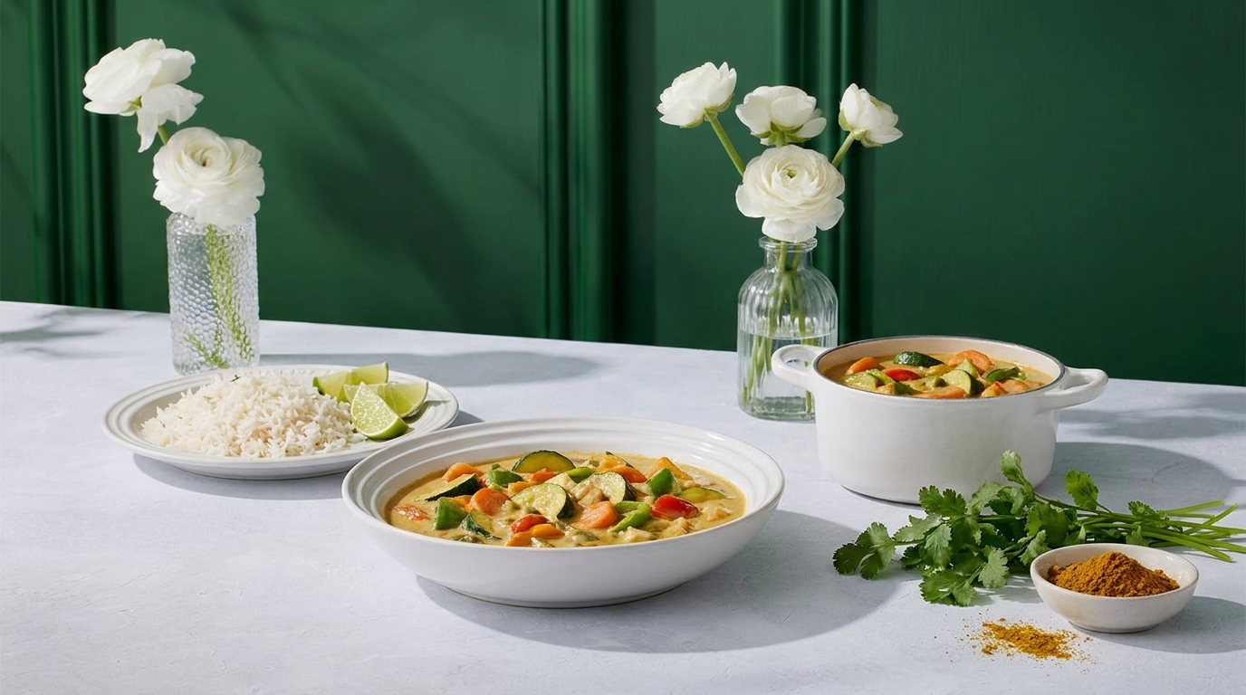 Ein stilvolles Arrangement mit zwei Schalen leckerer Currygerichte, umgeben von frischem Gemüse. Neben dem Hauptgericht befinden sich eine Schale Reis, Limettenscheiben und frische Kräuter, dekoriert mit Blumen in Vasen auf einem hellen Tisch vor einer grünen Wand.