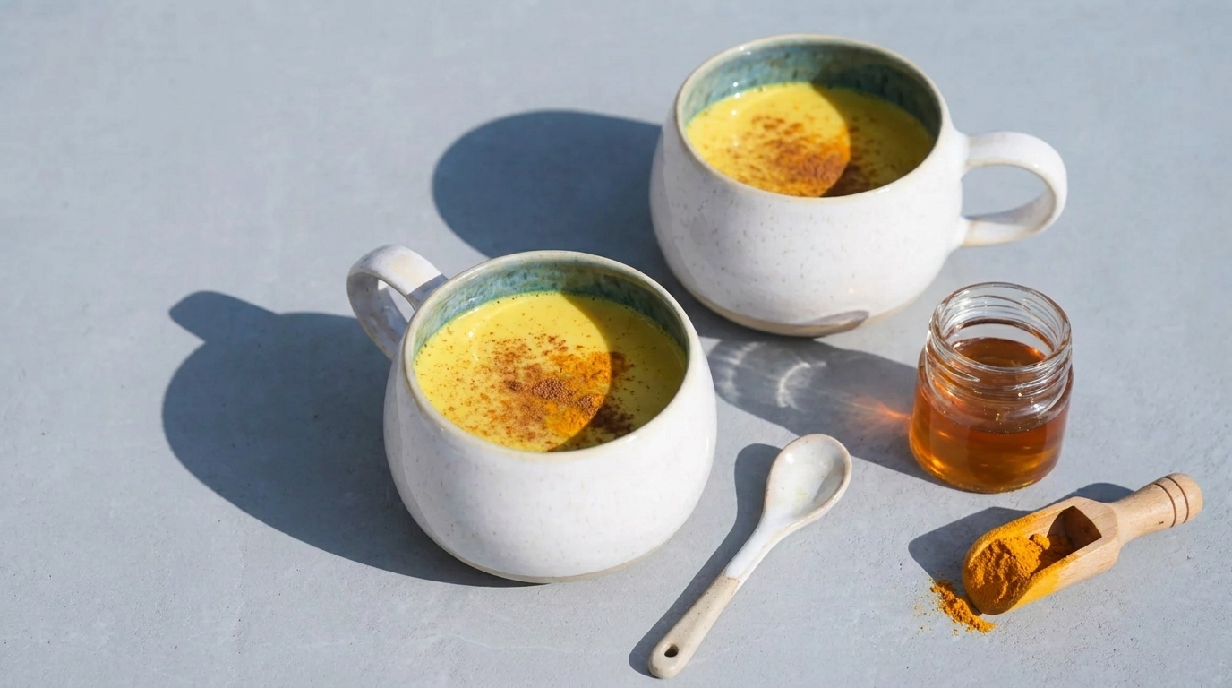 Zwei Becher mit goldgelbem Kurkuma-Latte stehen auf einem flachen Tisch. Einer der Becher ist leicht zum Betrachter geneigt. Neben den Bechern liegt ein kleiner Löffel und ein Glas mit Honig. Eine Prise Kurkuma ist auf dem Tisch verstreut.