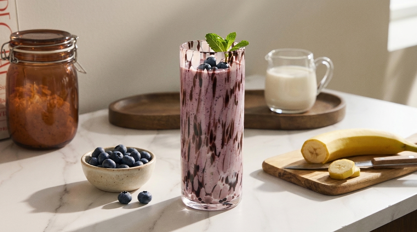 Ein dekoratives Glas mit einem lila Smoothie, garniert mit frischen Blaubeeren und einem Minzblatt, steht auf einem Tisch. Neben dem Glas sind eine Schale mit Blaubeeren, ein Glas Milch und eine Holzplatte mit einer Banane und geschnittenen Bananenscheiben.