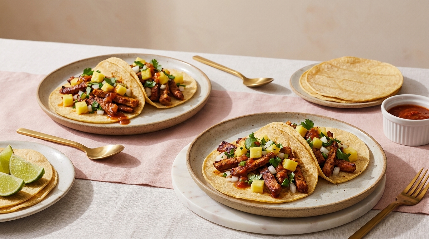 Mehrere Mais-Tacos gefüllt mit gegrilltem Fleisch, gewürfelter Ananas, Zwiebeln und Koriander auf Tellern; daneben Limettenspalten und eine Schale Salsa.