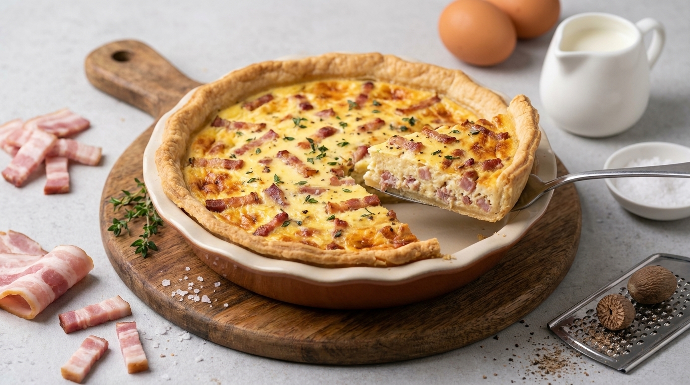 Eine frisch gebackene Quiche mit Speck und Eiern auf einem hölzernen Schneidebrett. Ein Stück wurde herausgeschnitten und liegt auf einem Servierer. Daneben liegen zusätzliche Zutaten wie Speck, Eier und eine kleine Kanne Milch. Die Oberfläche der Quiche ist goldbraun und knusprig.