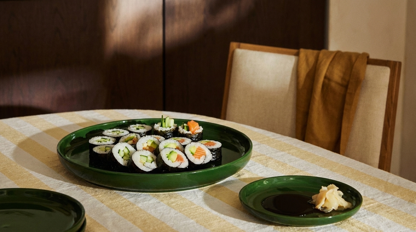 Ein runder, grüner Teller steht auf einem Tisch und enthält eine Auswahl an Sushi-Rollen. Daneben liegt ein kleinerer Teller mit Sojasauce und Wasabi. Im Hintergrund sind ein paar Stühle sichtbar, während eine Tischdecke mit einem schlichten Muster den Tisch deckt.