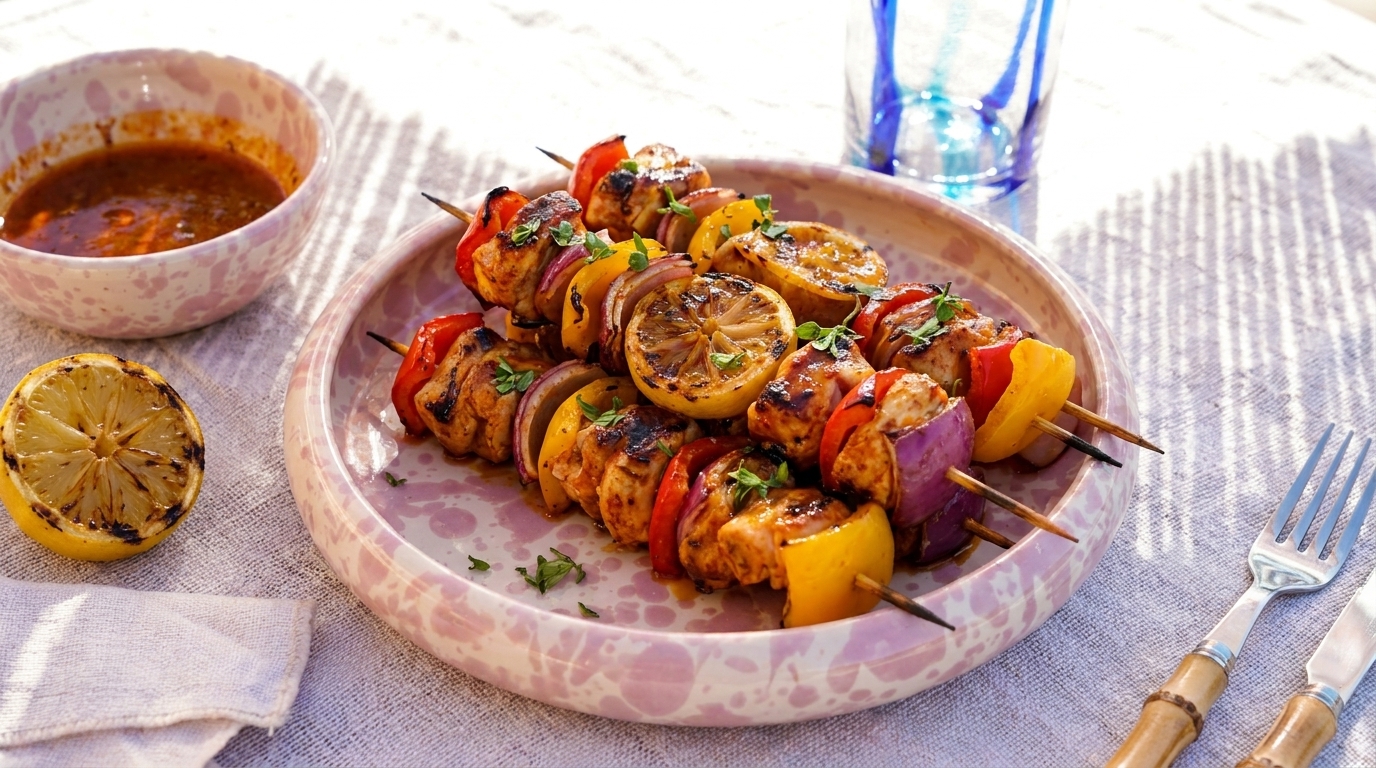 Auf dem Teller befinden sich gegrillte Spieße mit Hühnchen, buntem Gemüse und Zitronenscheiben. Daneben steht eine Schüssel mit einer dunklen Sauce und eine halbe Zitrone. Der Tisch ist mit einem hellen Tuch gedeckt.