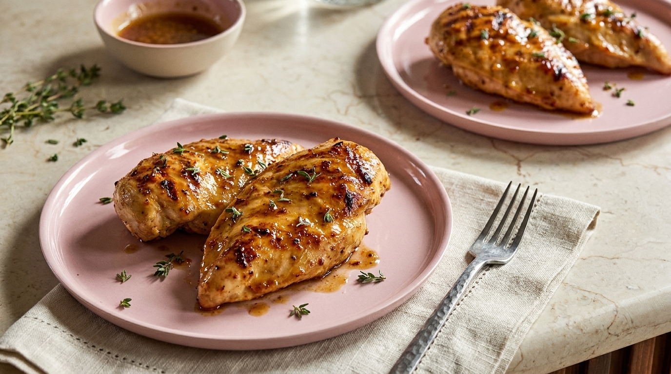 Auf dem Bild sind zwei Teller mit gegrillten Hähnchenbrustfilets zu sehen. Die Filets sind goldbraun und mit frischem Thymian garniert. Neben den Tellern befindet sich eine kleine Schüssel mit einer Soße und eine Gabel auf der Tischdecke.