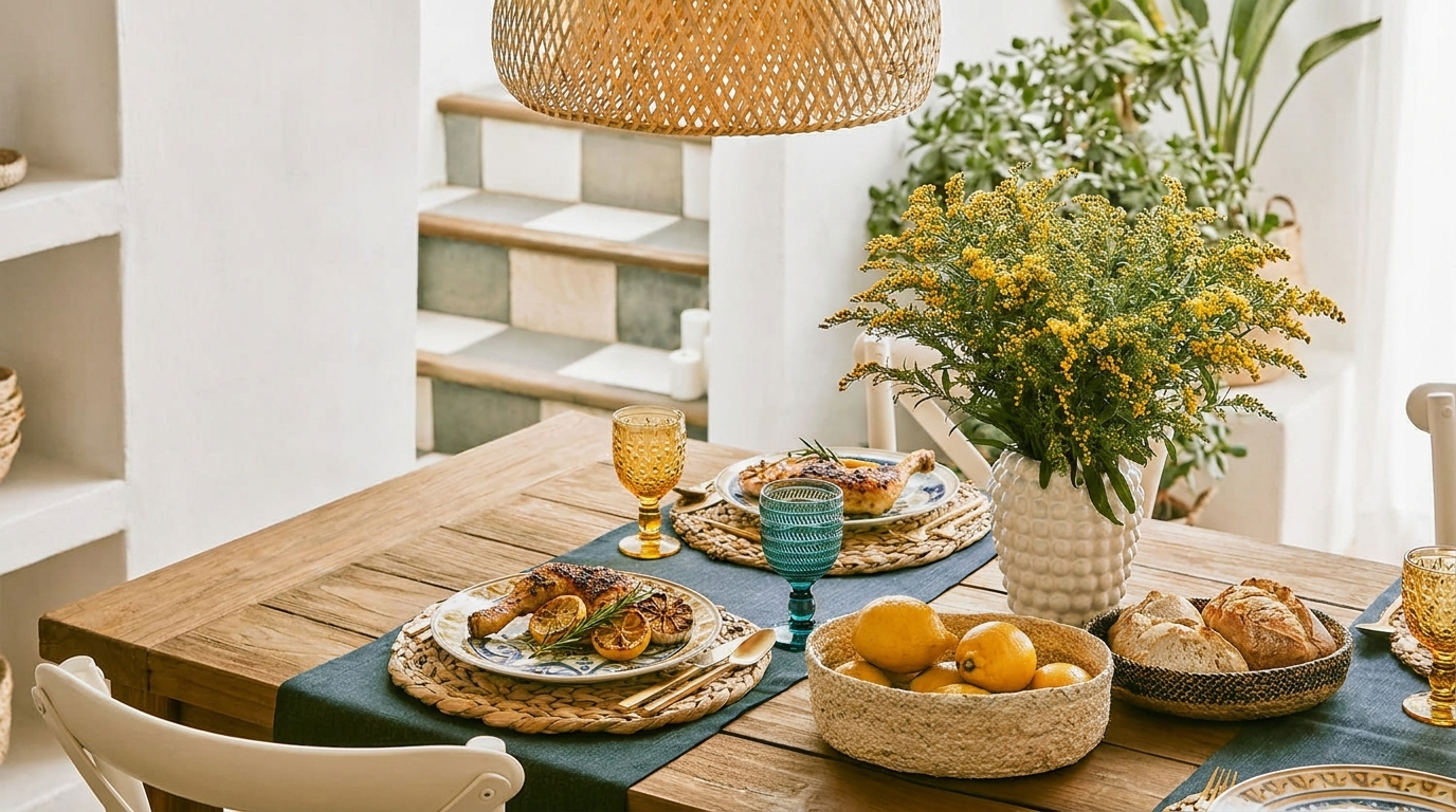 Ein schön gedeckter Tisch aus Holz mit verschiedenen Gerichten, darunter Fleisch und frisches Brot. Dazu gibt es bunte Gläser, eine Schale mit Zitronen und ein Blumengebinde. Im Hintergrund sind Pflanzen und eine helle Treppe sichtbar.