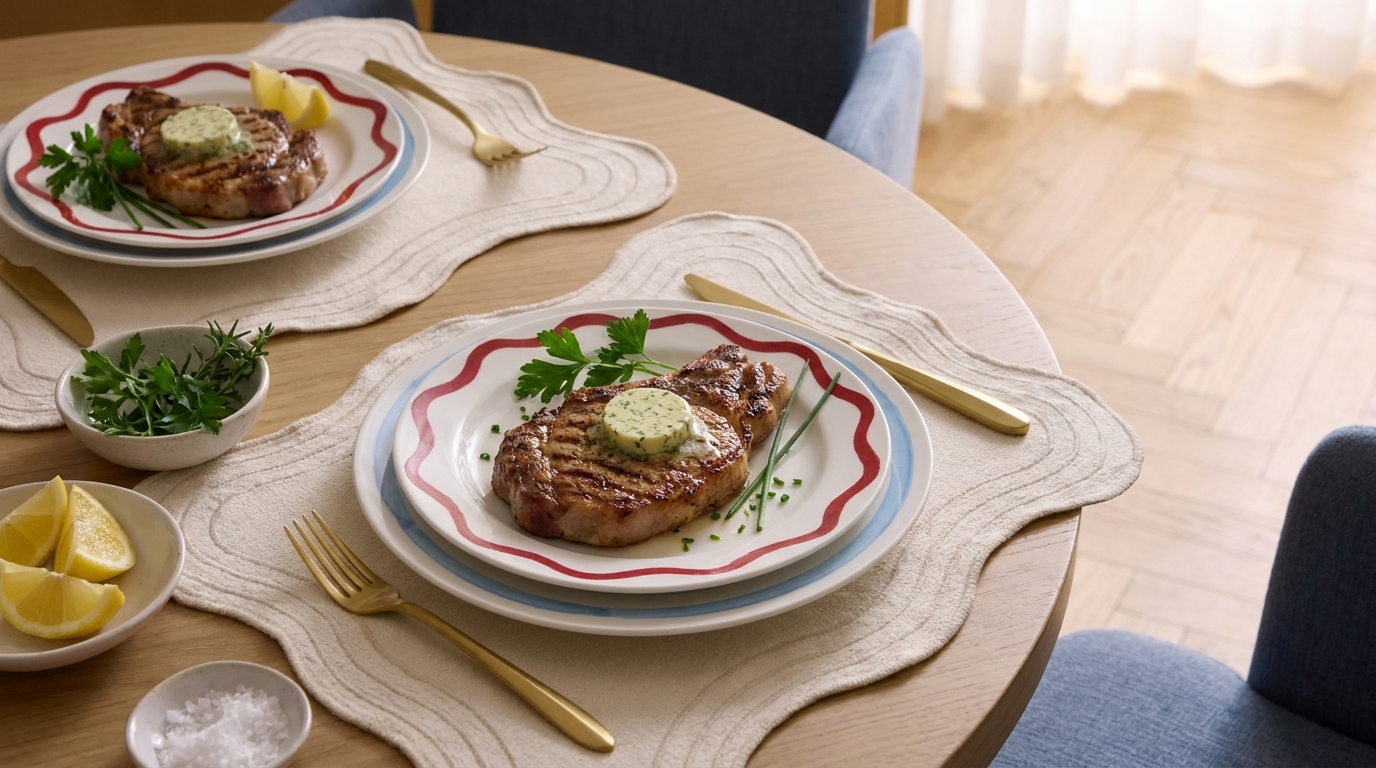 Zwei Teller mit gegrilltem Steak auf einem Esstisch. Jedes Steak ist mit einem Stück Kräuterbutter belegt und von frischen Kräutern umgeben. Neben den Tellern befinden sich Schalen mit Zitronenspalten und Salz. Die Tischdeko ist schlicht und einladend.