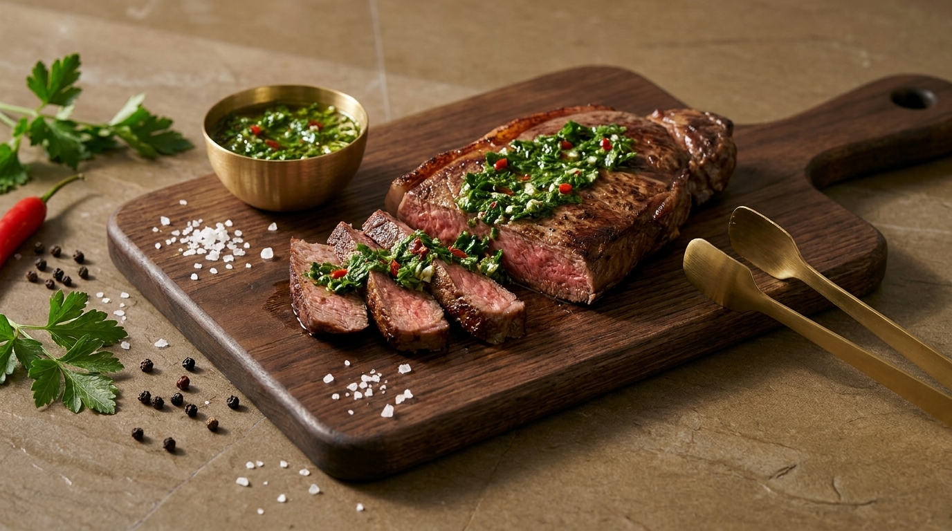 Ein saftiges Stück Rindersteak ist auf einem Holzbrett angerichtet, teilweise in Scheiben geschnitten. Daneben befindet sich eine goldene Schüssel mit einer grünen Sauce, die mit Kräutern und Gewürzen garniert ist. Frische Petersilie und Salzstreuer sind ebenfalls zu sehen.